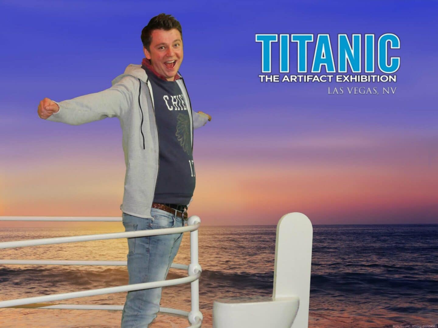 Me replicating a famous movie scene at the Titanic Artifact Exhibition in the Luxor Hotel.