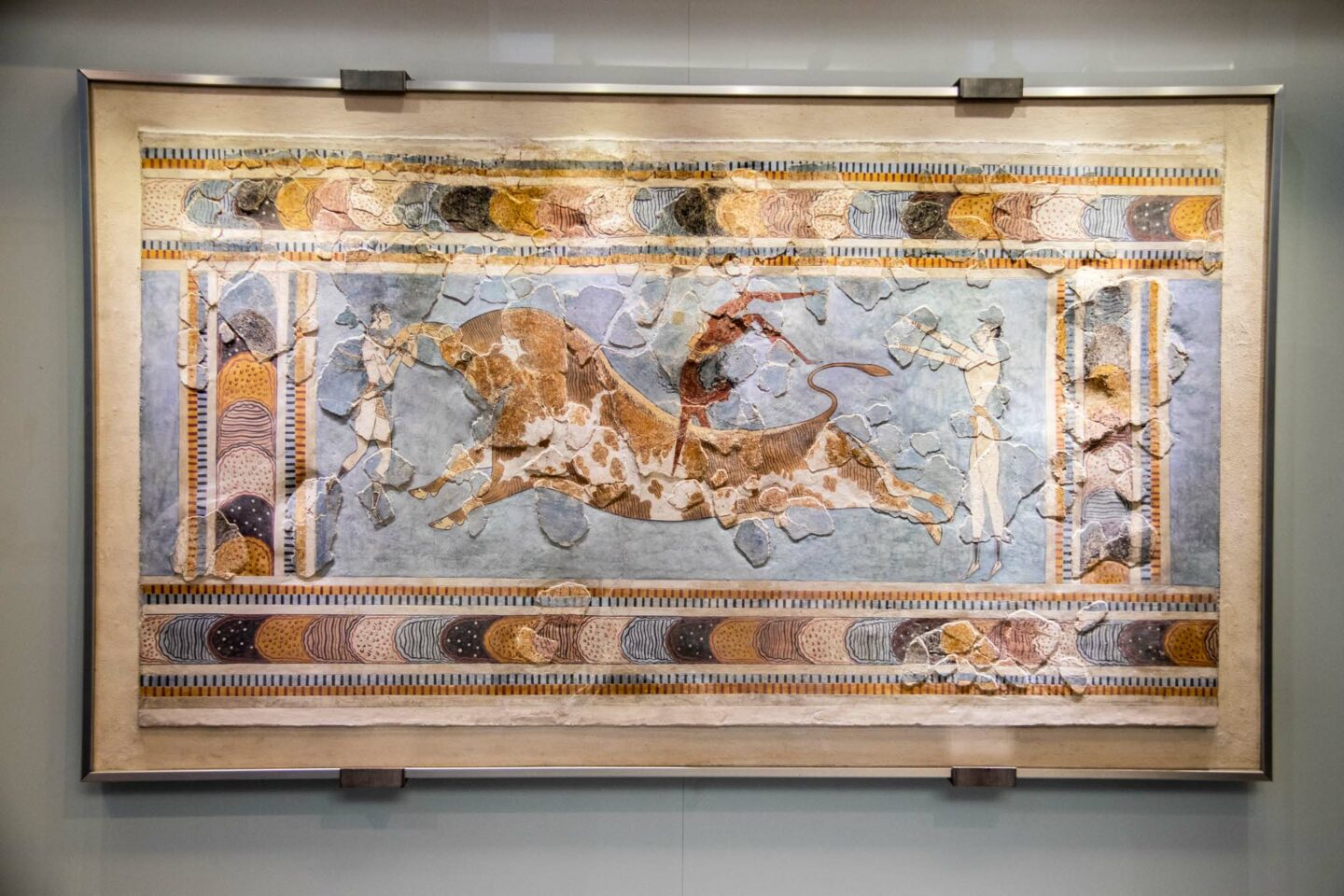 A surviving fresco from the palace of Knossos, depicting the sport of bull jumping. Now on display in the Heraklion Archaeological Museum.  