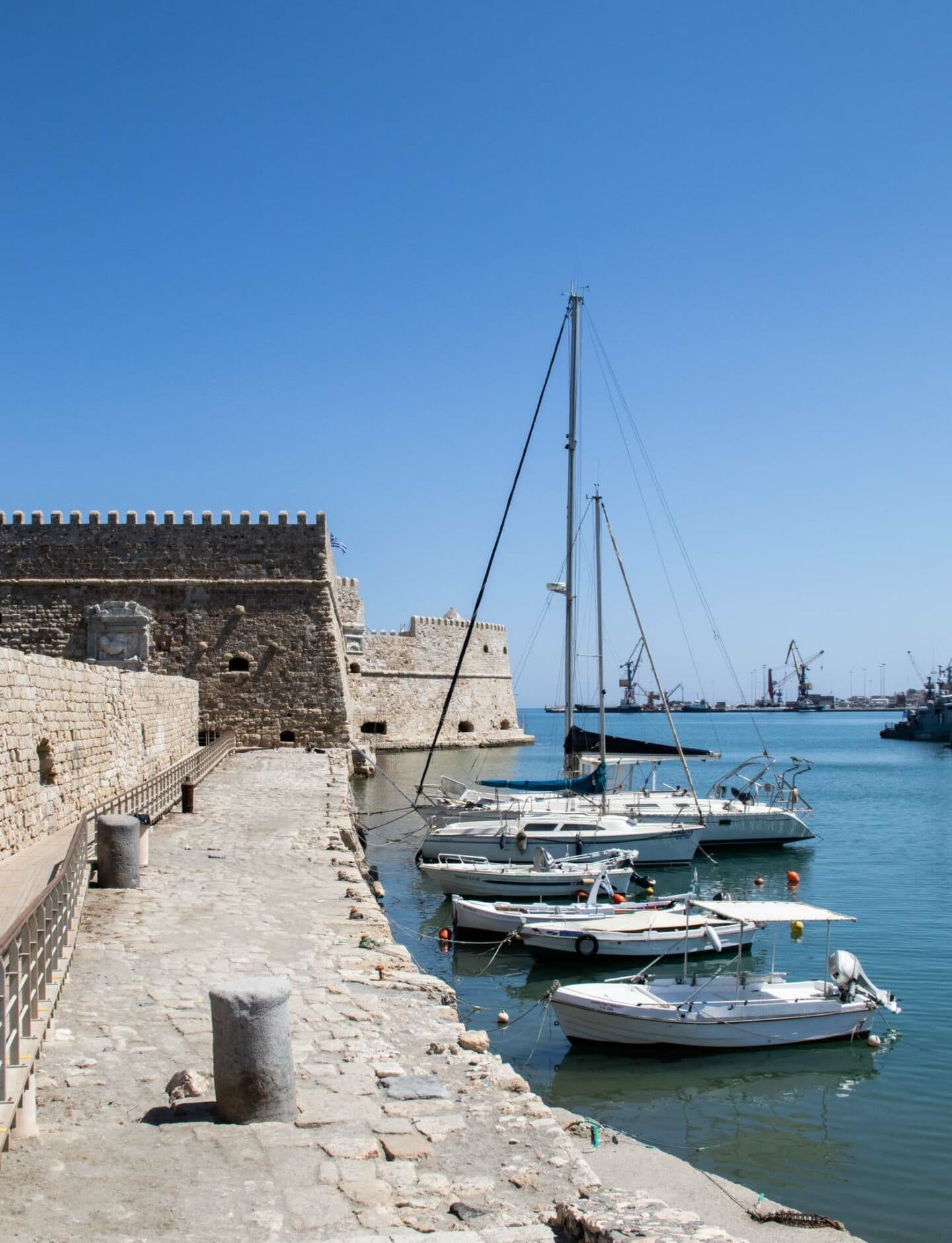 The Koules fortress guards Heraklion from sea attack. It's a fortification on a short pier. There are yachts and fishing boats inside the harbour created by the fortifications. 