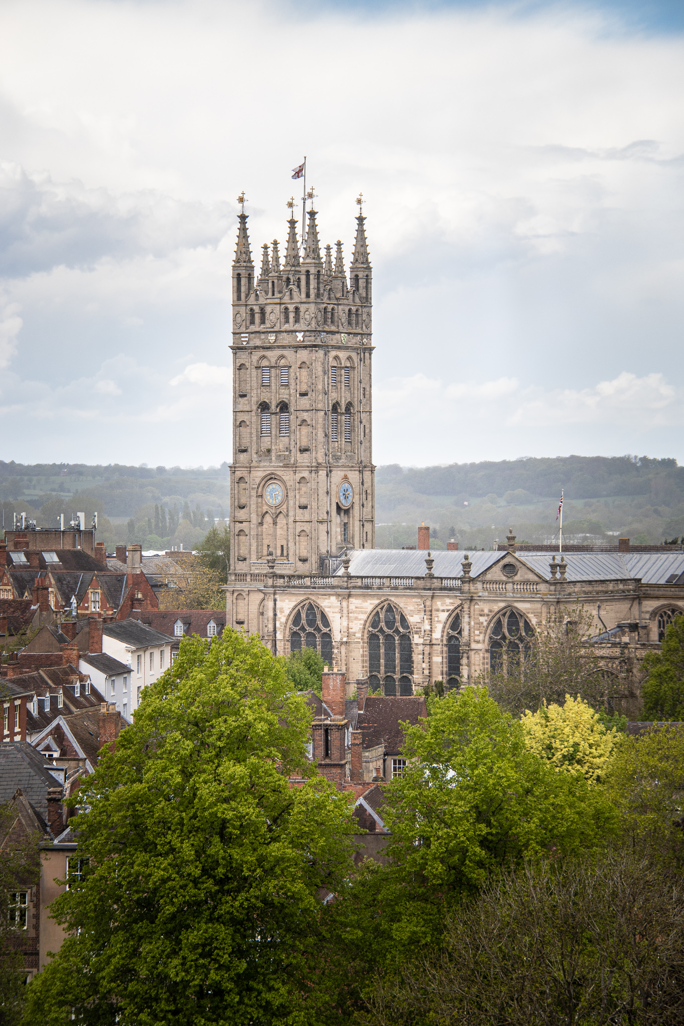 The Collegiate Church of St Mary's viewed from Guy's Tower at the Castle. 