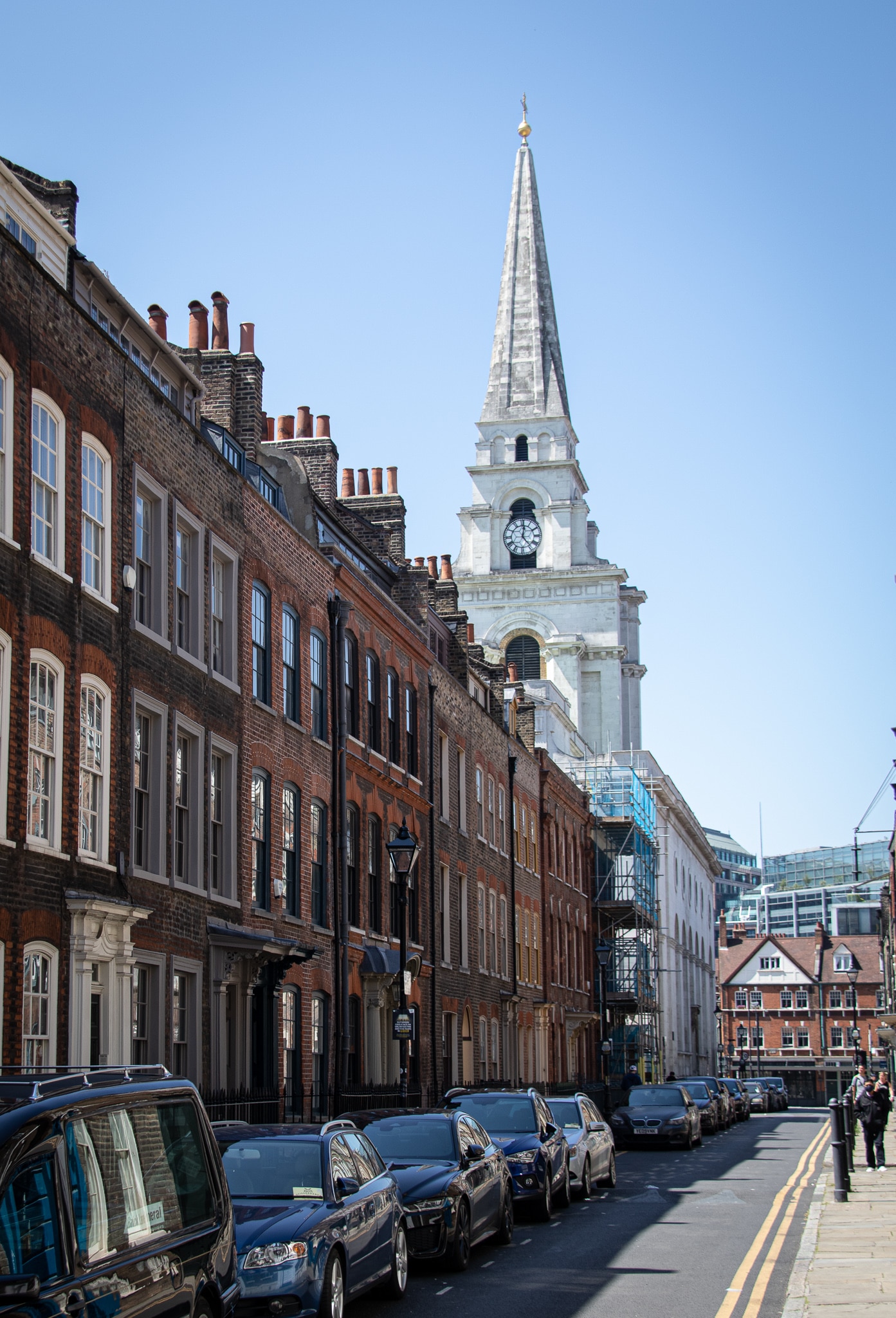 Christ Church in Spitalfields towers over the 19th century brick housing in the streets close to Brick Lane. 